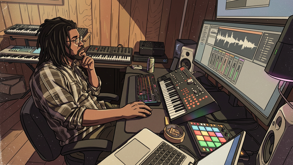 Illustration of Geoffrey Broomfield at a desk working in FL Studio